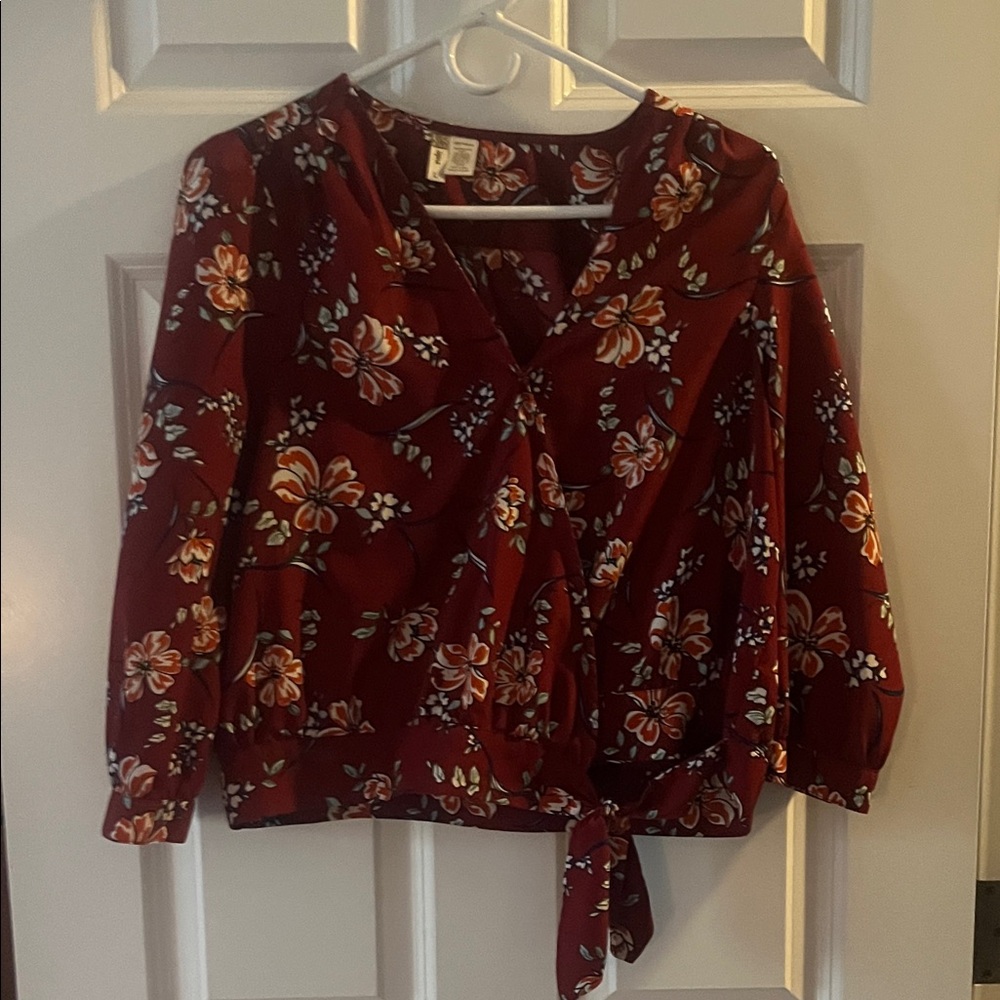 Floral V-Neck Wrap Top - Red